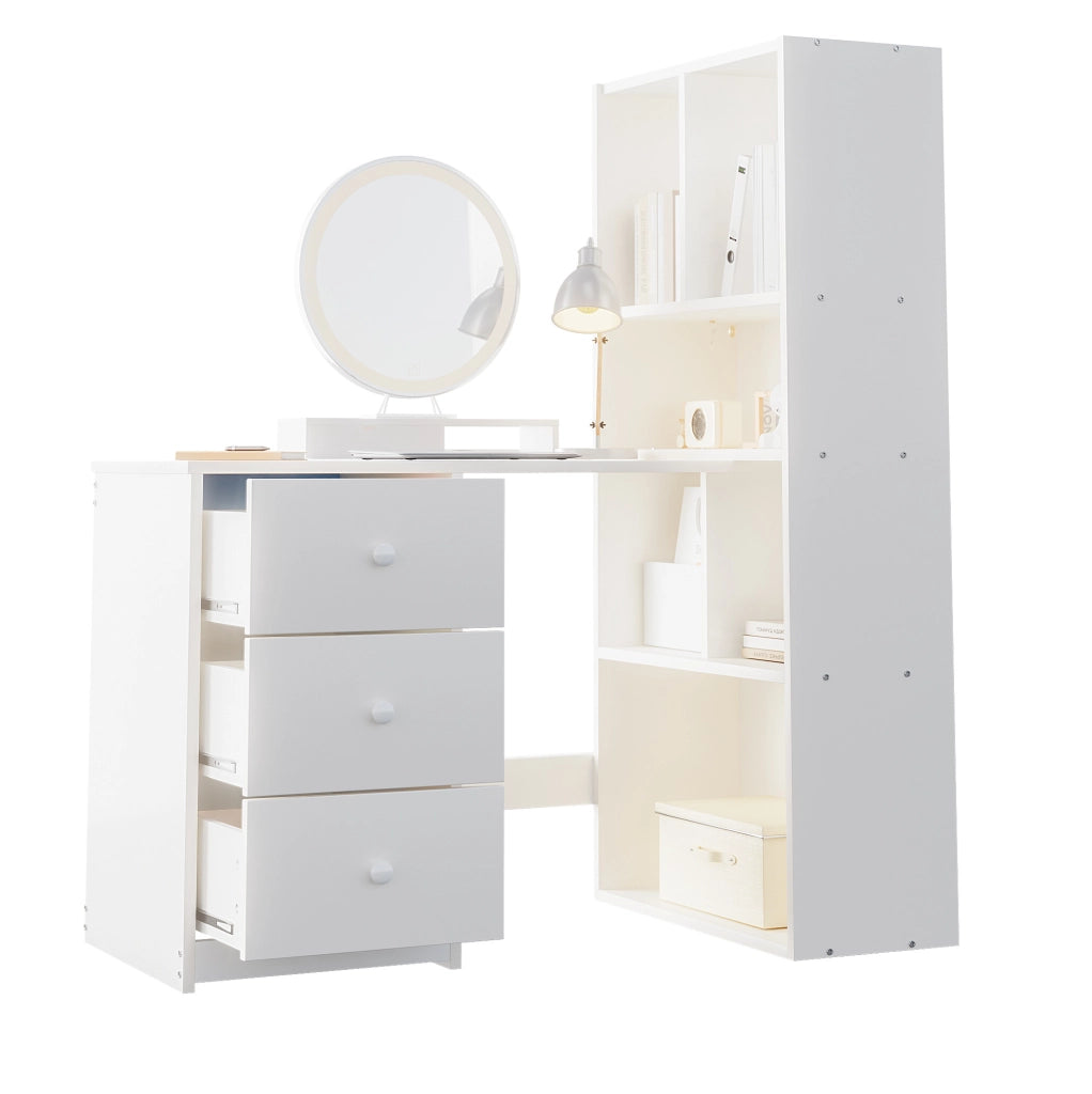 Scrivania angolare ULEVR 117x63x135 cm con libreria a 4 ripiani e 3 cassetti, bianca