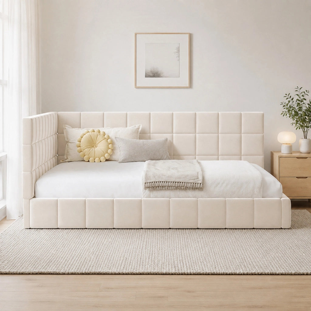 LETTO Giorno 140x200 cm in tessuto beige con rete a doghe