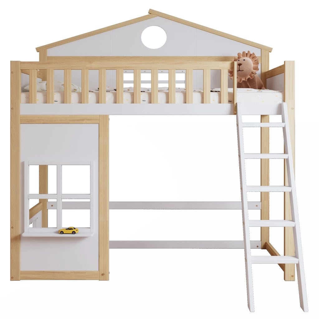 Letto a castello per bambini - Zephmum- Con scala, tetto, finestra e protezioni- 90x200cm- Bianco e naturale