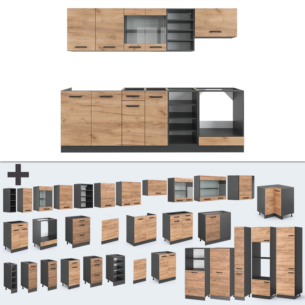 Cucina componibile R-Line Rovere dorato/Antracite 240 cm senza piano di lavoro Vicco