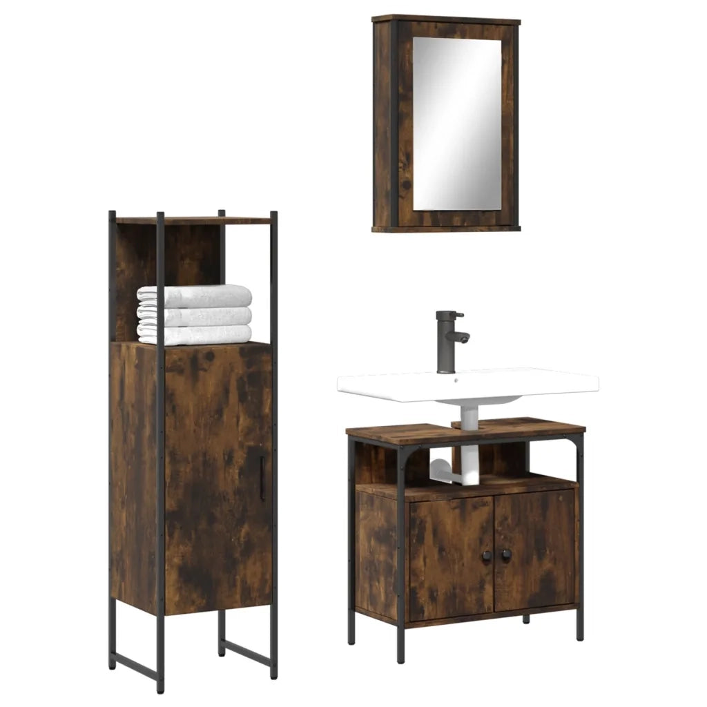 Set Mobili da Bagno | Armadio da bagno 3 pz Rovere Fumo in Legno Multistrato