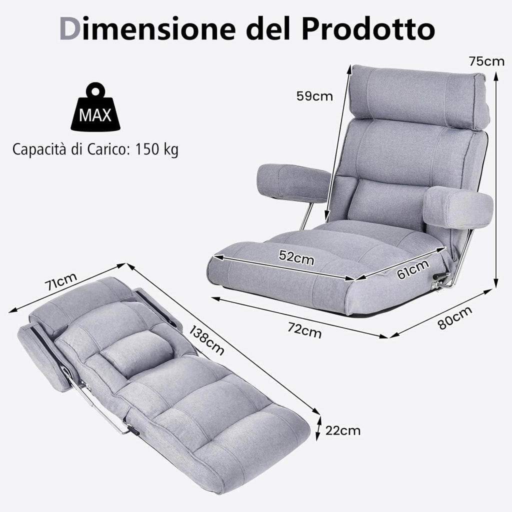 Sedia Divano Pieghevole, Poltrona Letto Singolo con Schienale Regolabile, Poggiatesta Lombare e Poggiapiedi Regolabile a 6 Posizioni, 80 x 72 x 75 cm (Grigio)