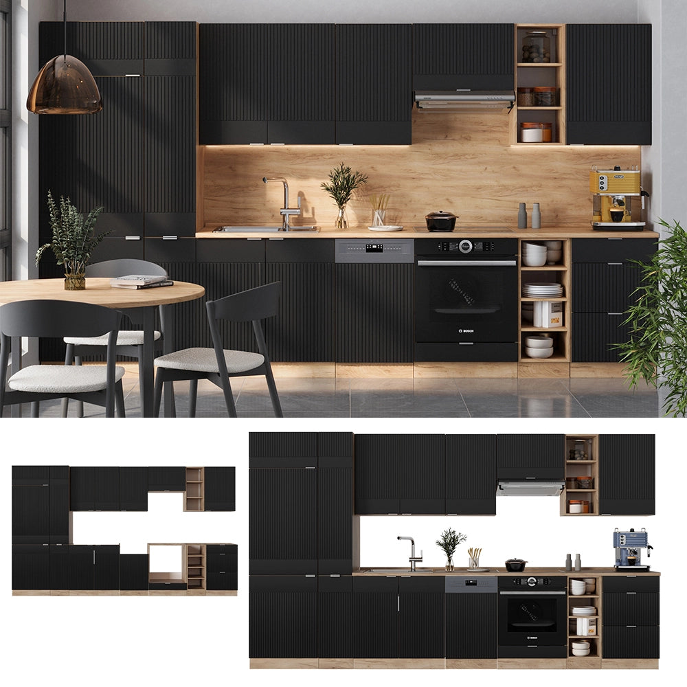 Cucina componibile Fame-Line Nero rigato/Rovere dorato 355 cm senza piano di lavoro Vicco