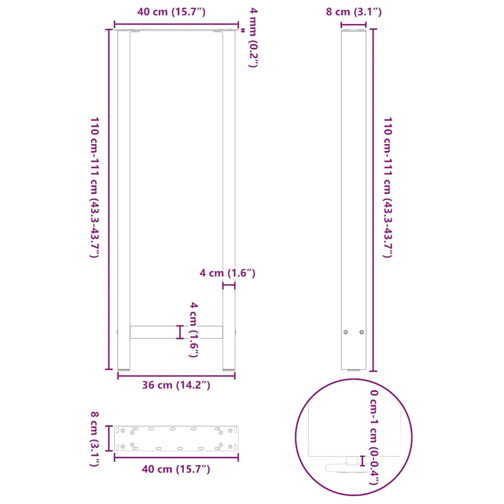 Set di 2 gambe regolabili per tavolo da bar in acciaio naturale 40 x 110 cm design moderno in acciaio nero 02_0057591