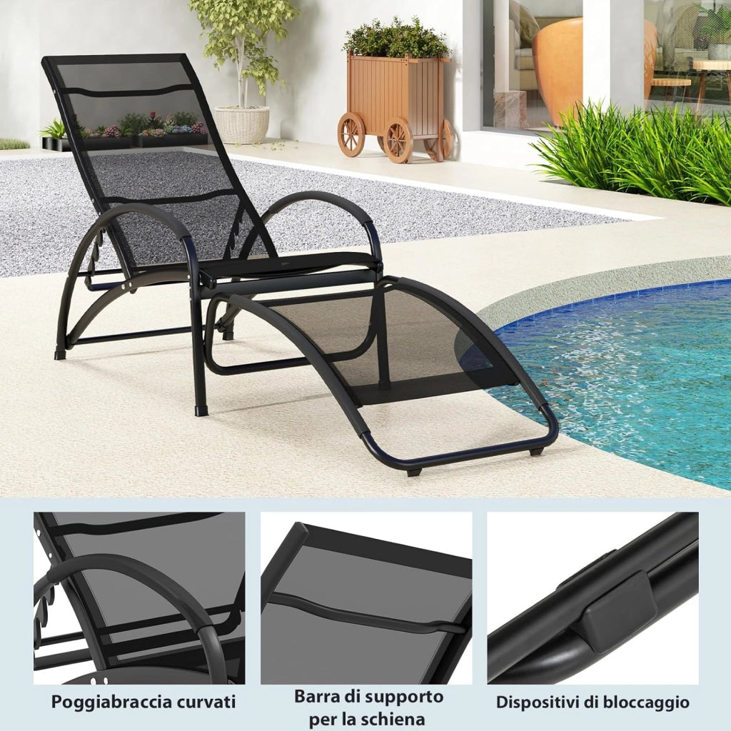 Sedia a Dondolo 2 in 1 da Giardino, Lettino Prendisole Convertibile con Schienale Regolabile a 4 Posizioni, Braccioli Curvi e Telaio in Alluminio, per Patio e Piscina, Portata 150 kg (Nero)