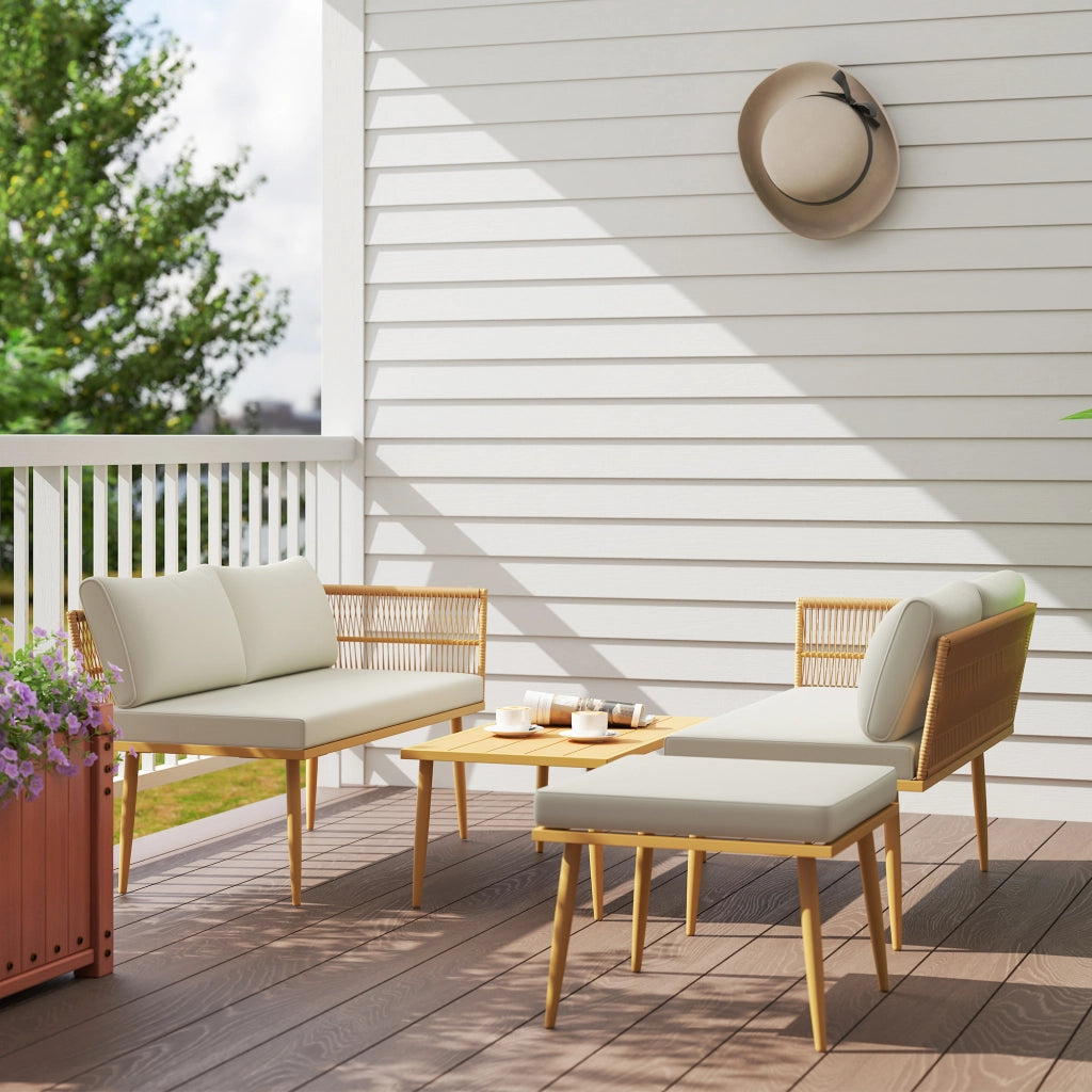 Set divano esterno 5 posti in polyrattan ¨C zephmum ¨C beige con cuscini, tavolino e pouf