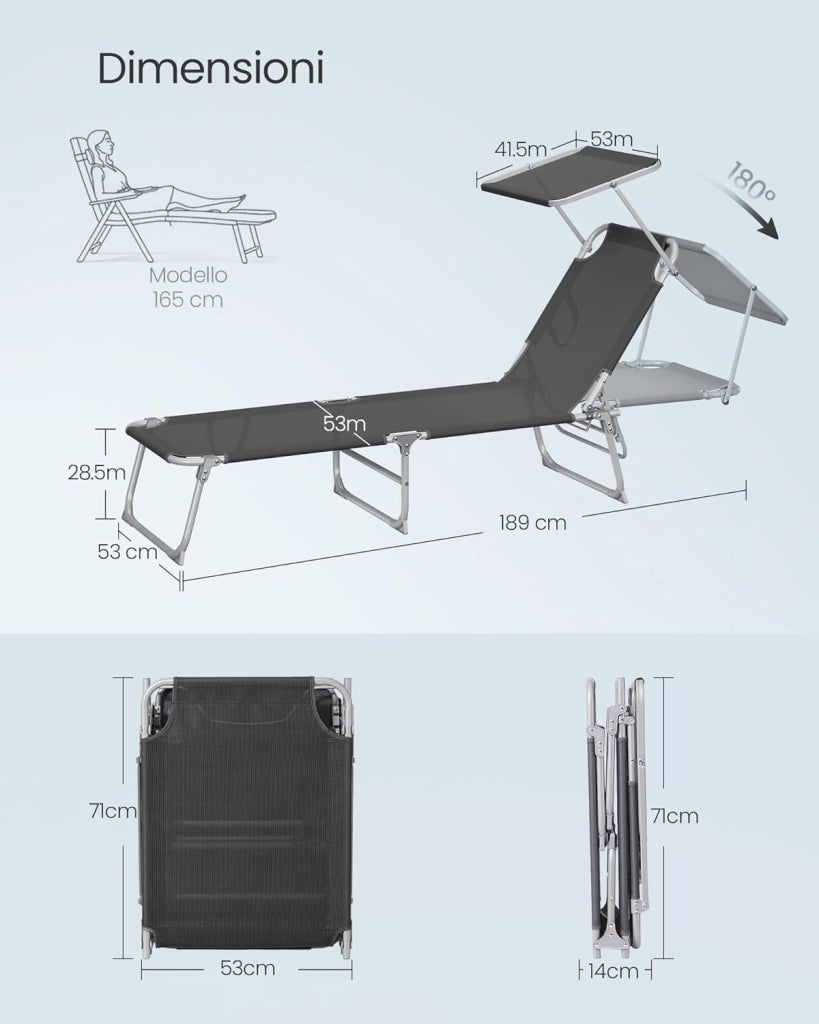 SONGMICS Sedie a Sdraio Pieghevoli, 189 x 53 x 28,5 cm, Lettini Prendisole, Portata 110 kg Ciascuno, Parasole e Schienale Regolabili, per Terrazza e Balcone, Set da 2, Nero GCB294BZ02