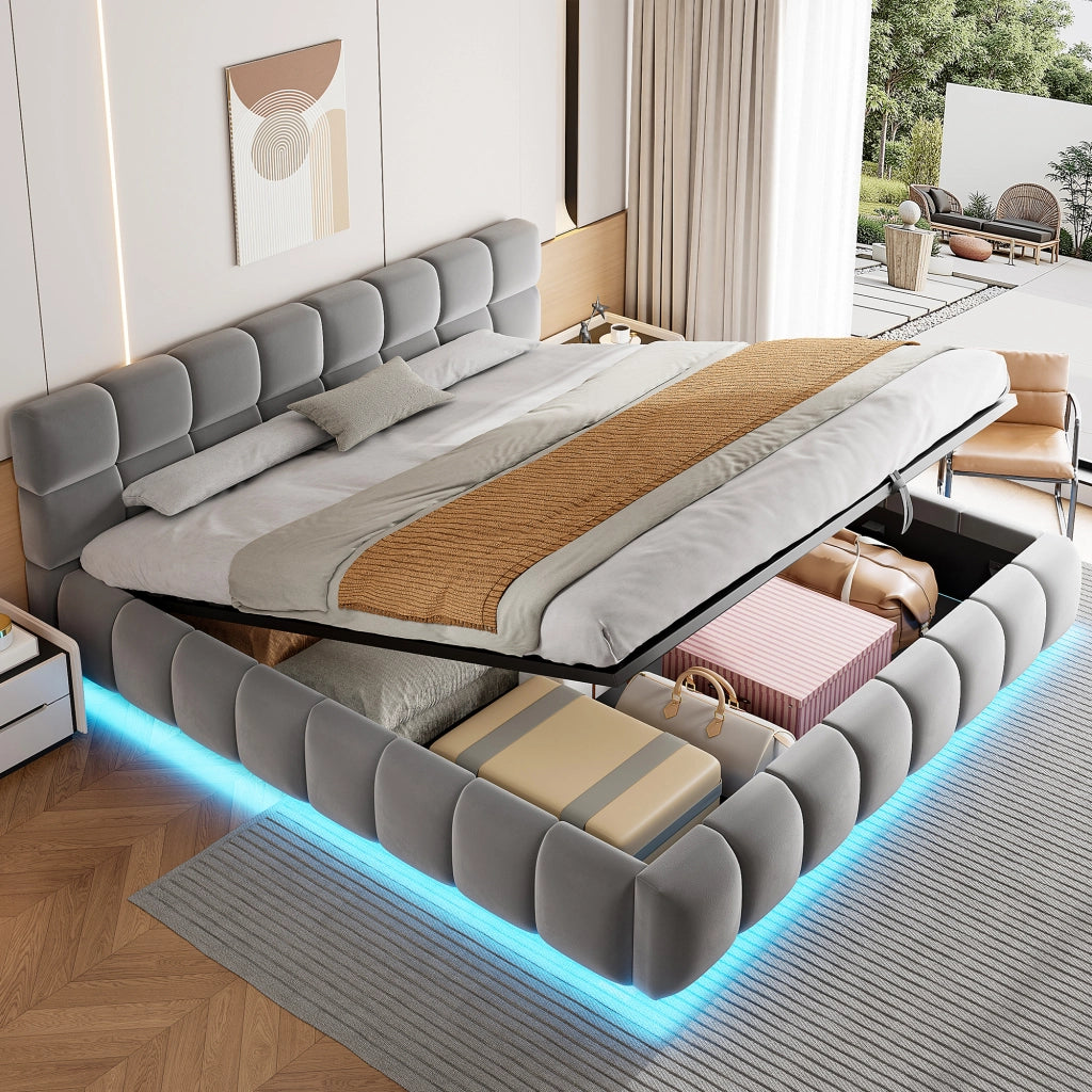 OKWISH Letto Contenitore 180×200 cm, Letto Matrimoniale con LED Regolabile, Contenitore Idraulico e Testiera Imbottita, senza Materasso, Grigio