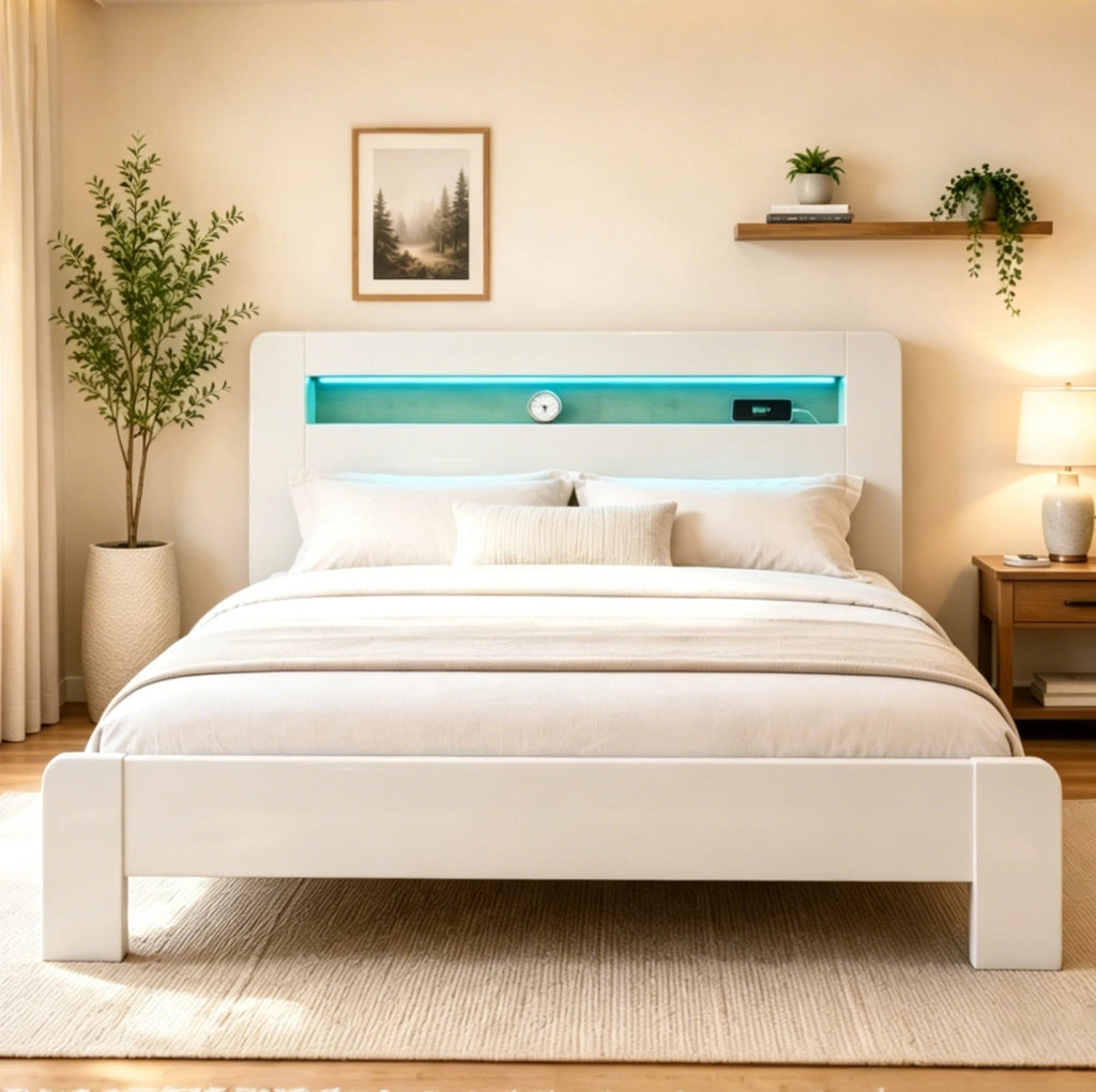 Letto matrimoniale in legno 180x200 cm con testiera contenitiva, LED e prese