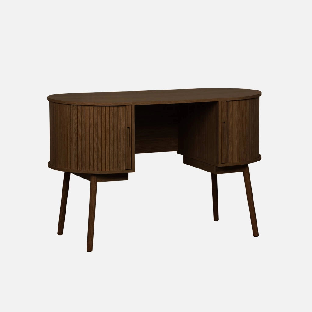 Scrivania ovale con effetto legno scanalato e due vani portaoggetti,
