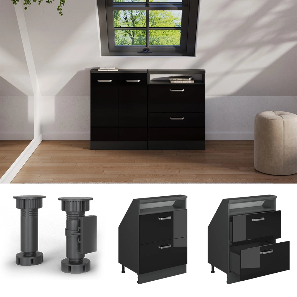 Mobile cucina sottotetto R-Line Nero lucido/Antracite 60 cm con 2 cassetti Vicco