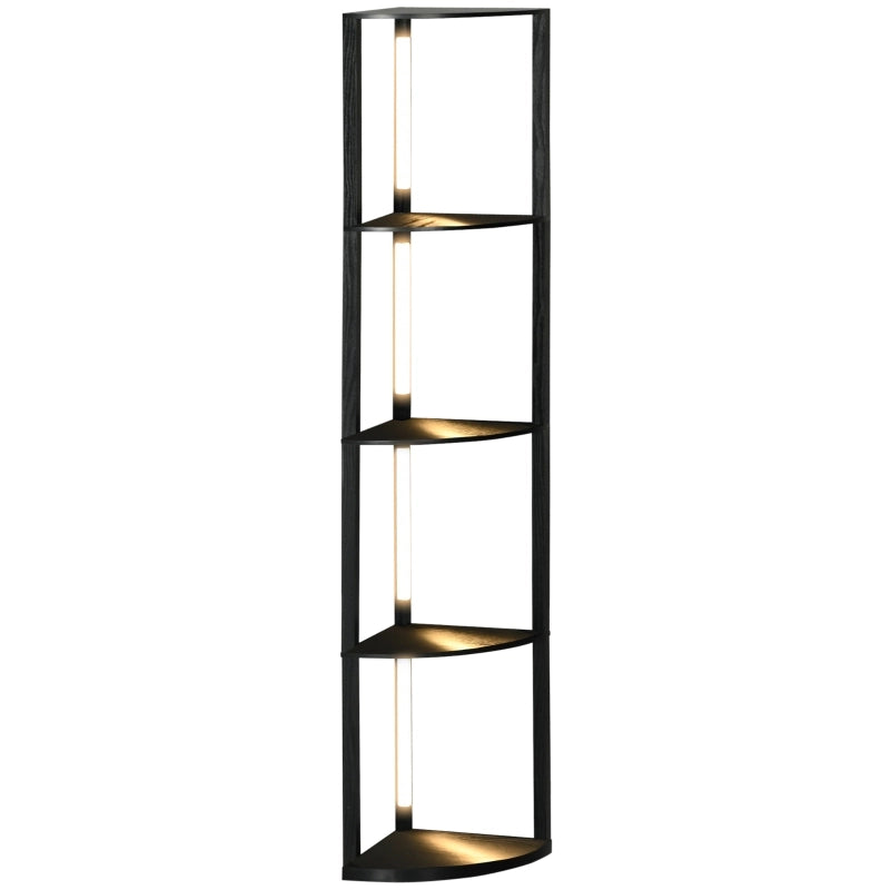 Lampada da terra LED nera con 4 ripiani, 3 livelli di luminosità, struttura in MDF