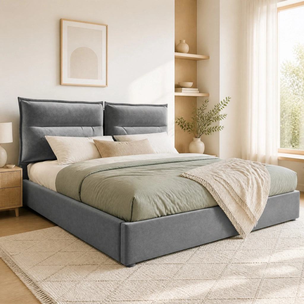 Letto matrimoniale imbottito con contenitore 140x200 cm in velluto grigio; testiera regolabile