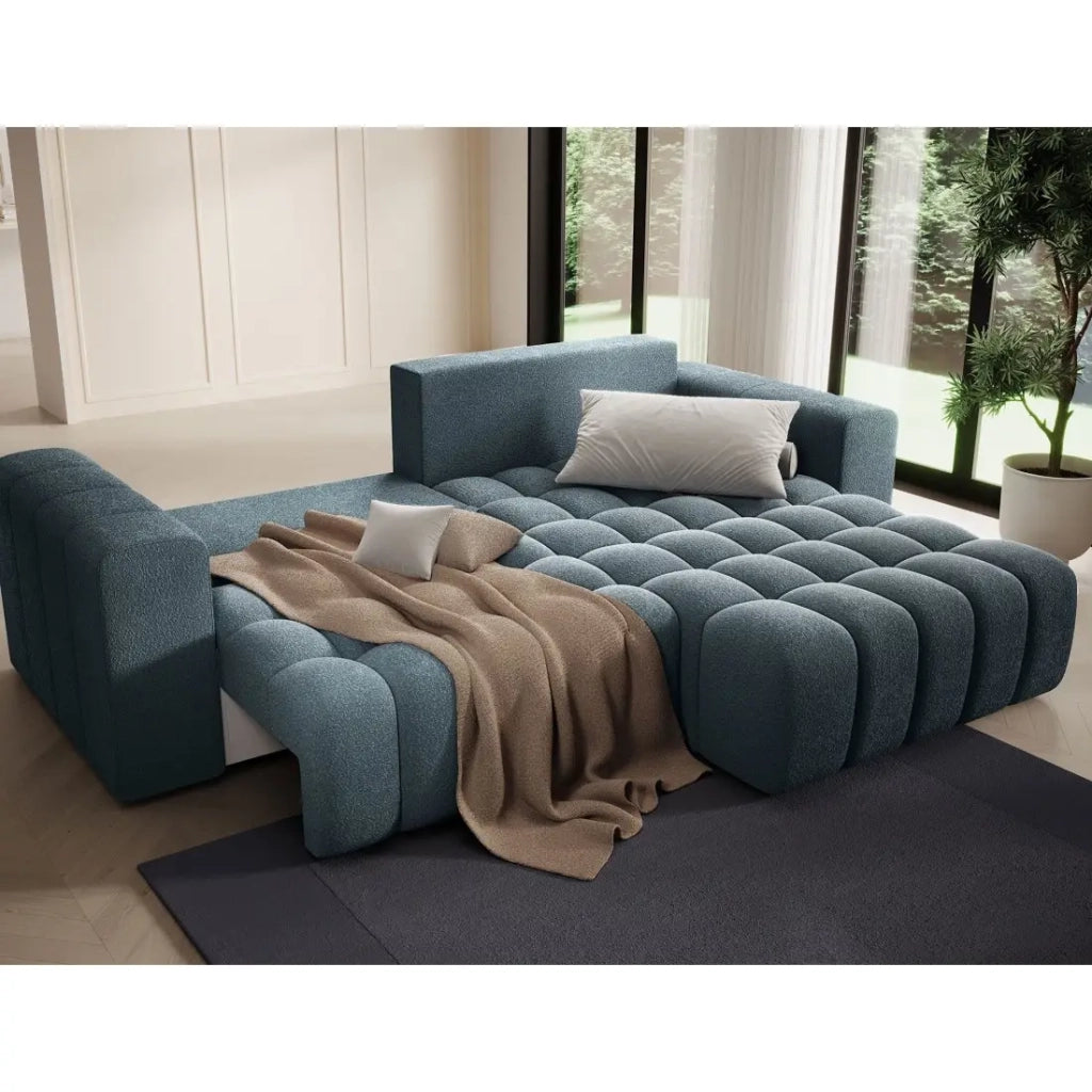 Divano angolare trasformabile DORY blu notte 250 cm con contenitore angolo destro