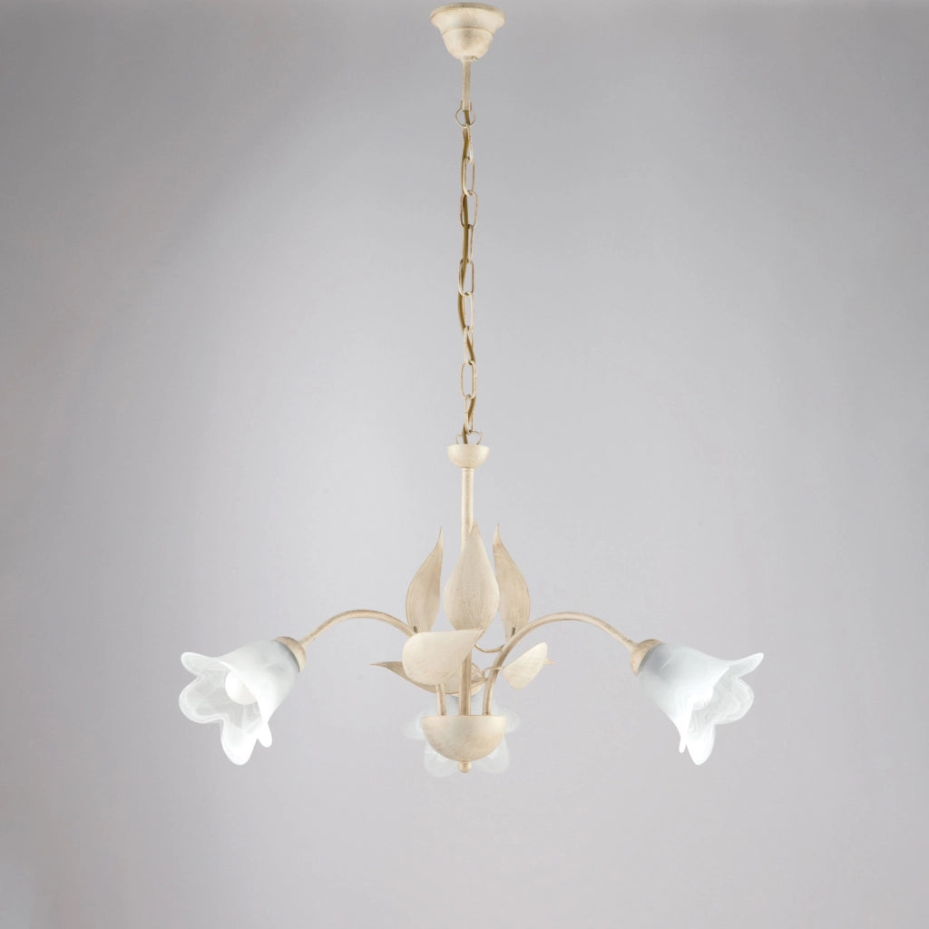 Lampadario 3 Luci Olga Avorio Oro Stile Ferro Battuto Vetro BeLight