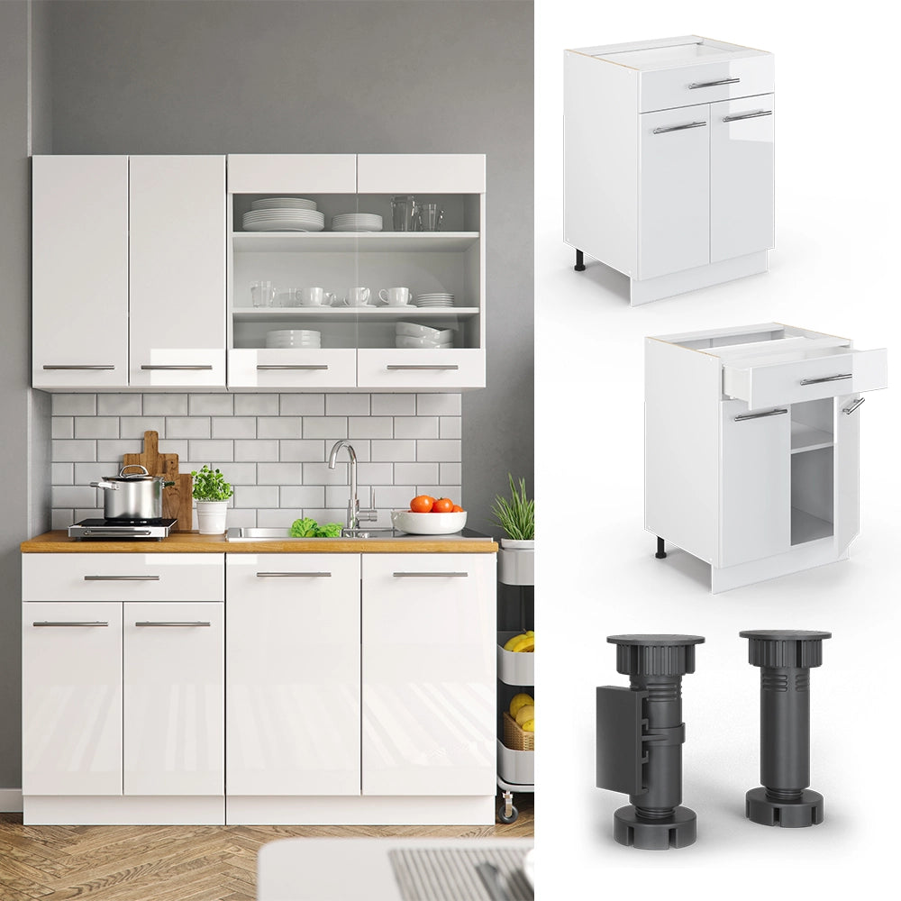 Mobiletto base per cucina Fame-Line Bianco lucido/Bianco 60 cm con cassetto, PL Marmo Vicco