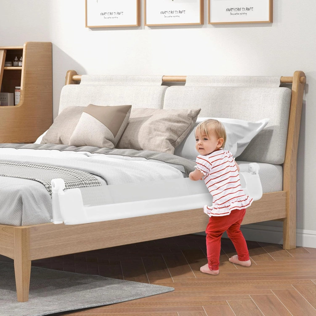 Sponda Letto per Bambini 105/120/150 cm, Barriera di Sicurezza per Neonati, Barriera Letto Pieghevole e Portatile, con Cinghia di Sicurezza (Bianco, 152 x 34 x 42 cm)