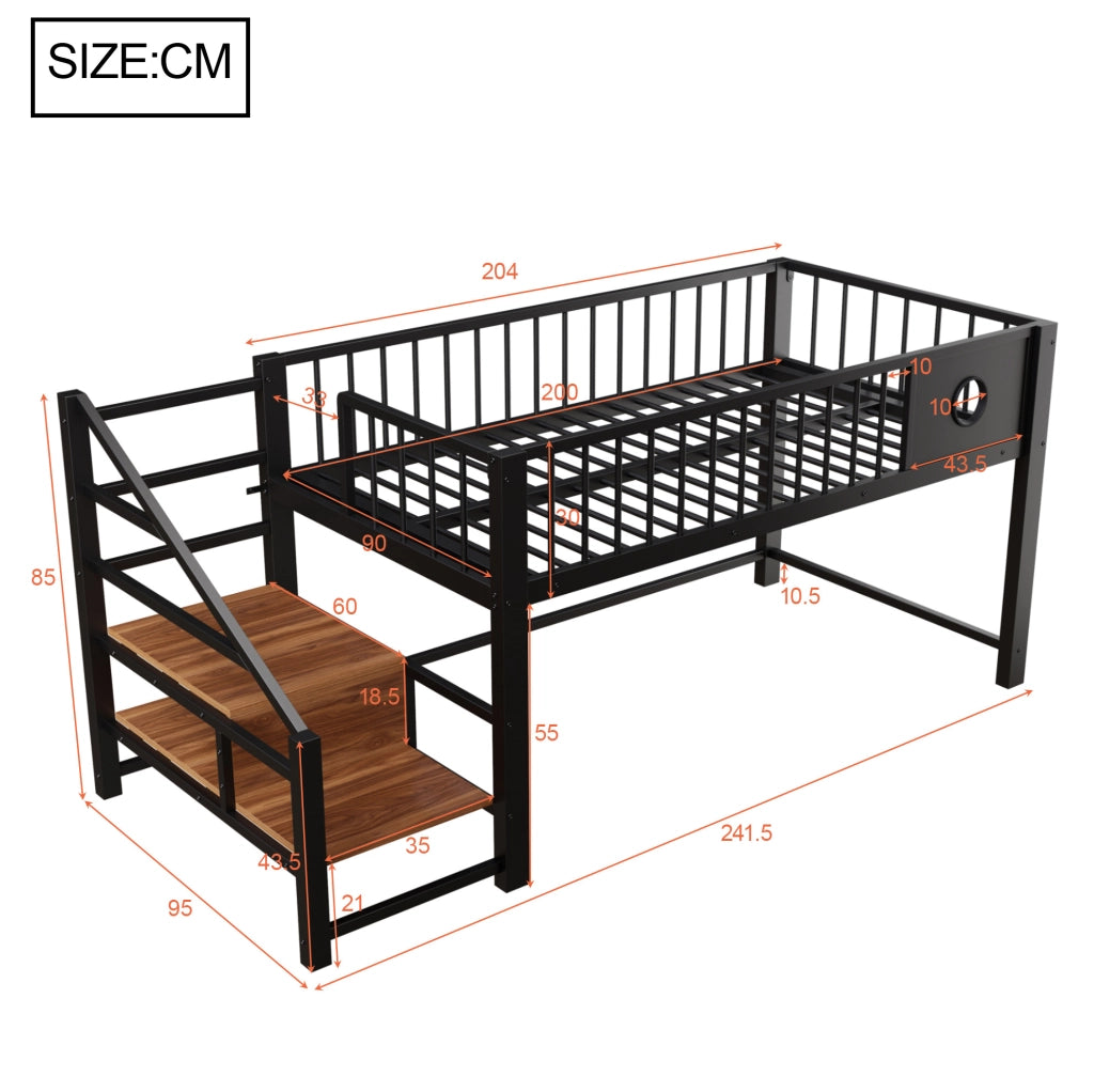 Letto a soppalco basso per bambini 90x200 cm in metallo; nero; con scala e spazio sotto