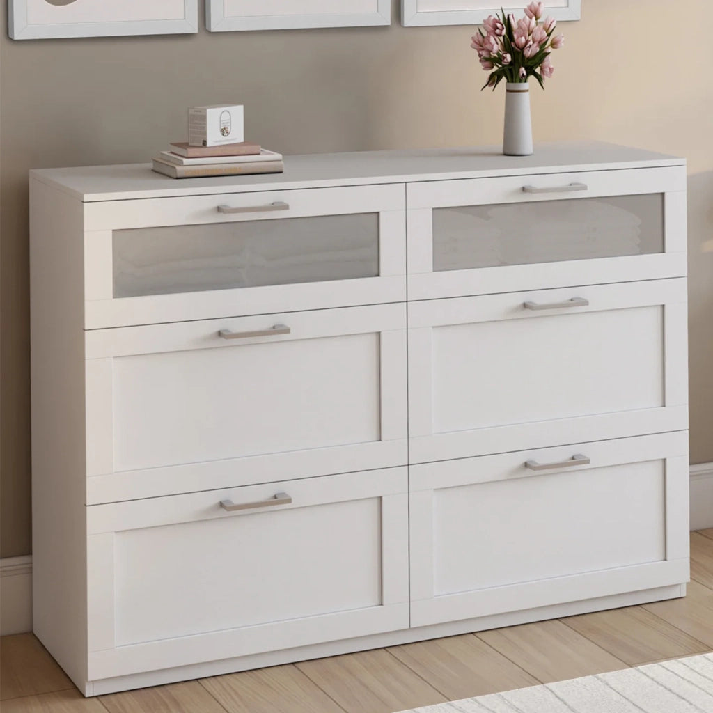 IDMarket - Cassettiera a 6 cassetti VITO 110 cm, legno bianco ed effetto smerigliato
