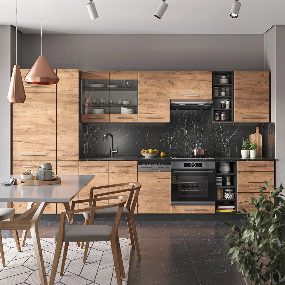 Cucina componibile Fame-Line Rovere dorato/Antracite 355 cm senza piano di lavoro Vicco