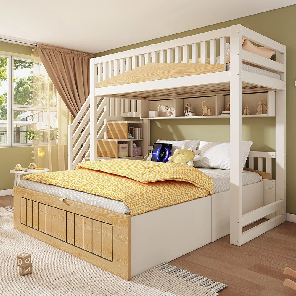 Letto a castello in legno per bambini - Xylo - 90x200 & 140x200 cm - Bianco e naturale - Con spazio di archiviazione idraulico, armadio con scala, barriera di sicurezza e porta USB-C