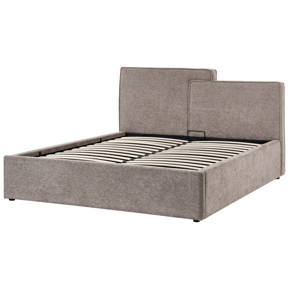 Letto contenitore rivestito in tessuto grigio marrone 160 x 200 cm testiera asimmetrica a gradini in stile scandinavo