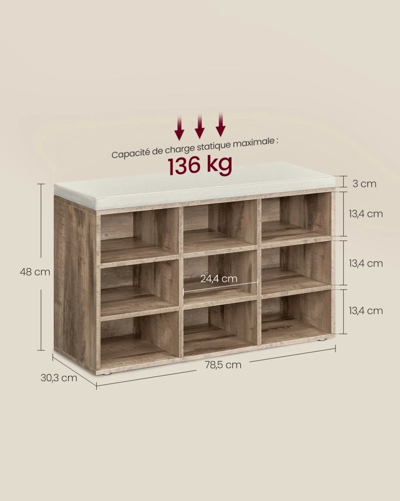 Panca portascarpe mobile da ingresso con seduta scarpiera con cuscino e 9 scomparti ripiani regolabili per ingresso soggiorno 303 x 785 x 48 cm marrone rustico 12_0004095