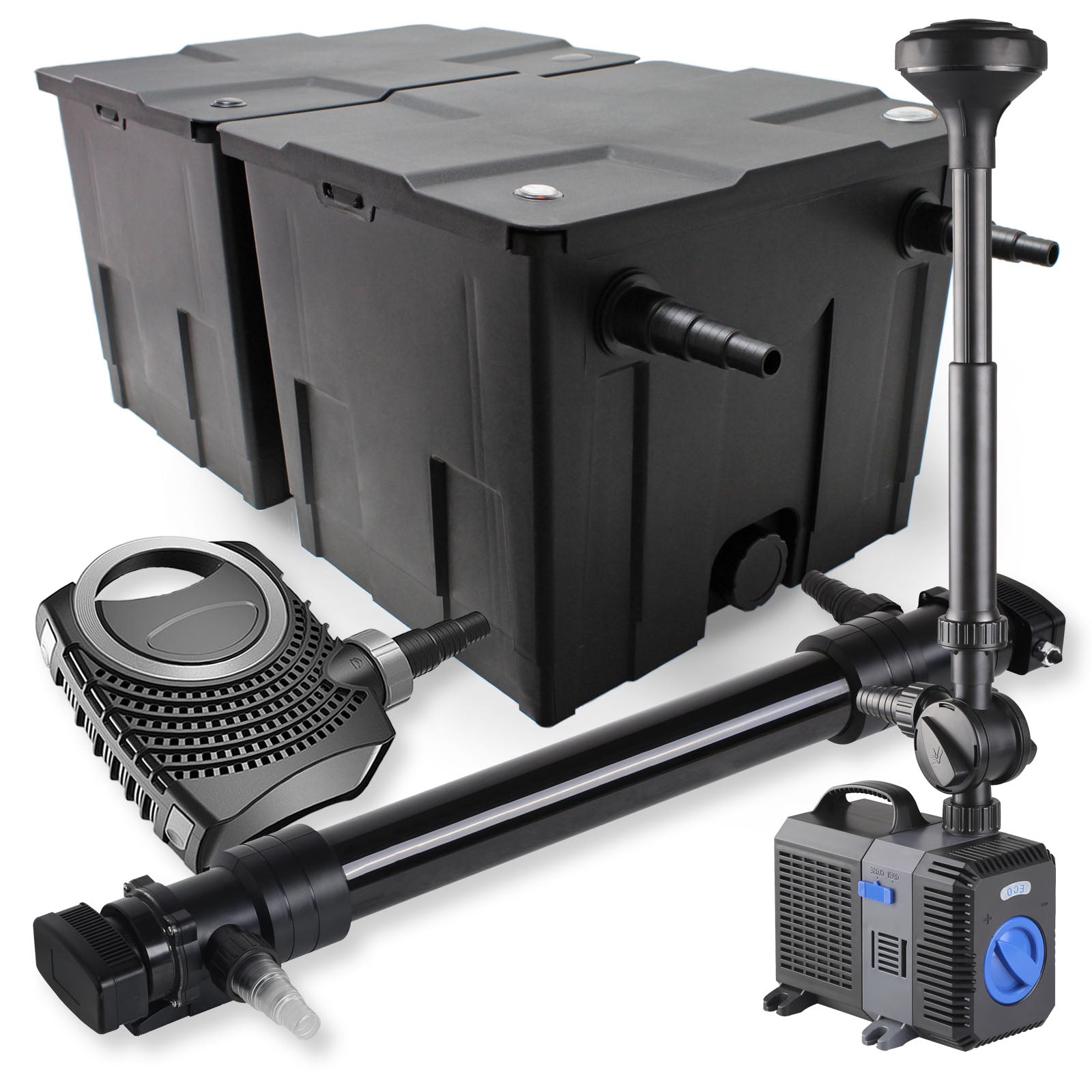 Set Filtro a 2 camere laghetto 60000l con Chiarificatore UVC 72W Pompa NEO10000 80W Fontana