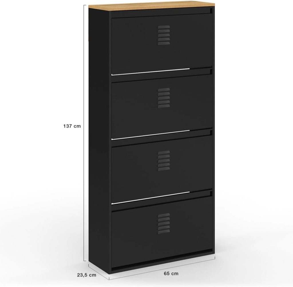 Scarpiera ESTER, capacità massima 24 paia, 4 ante in metallo nero e piano in legno dal design industriale