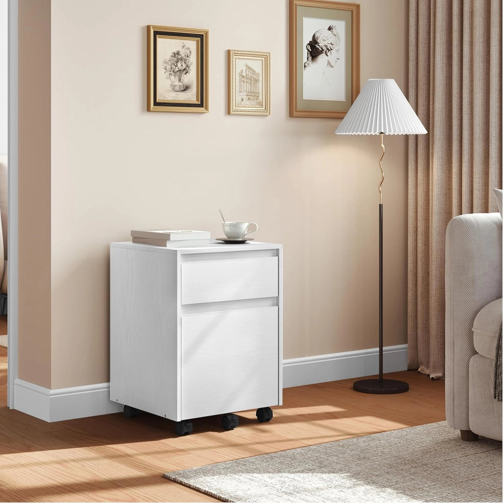 Cassettiera Scrivania con 2 Cassetti, Schedario con Rotelle, Schedario da Ufficio A4, in Legno PB, Bianco, 40x40x56cm, ASK11ws