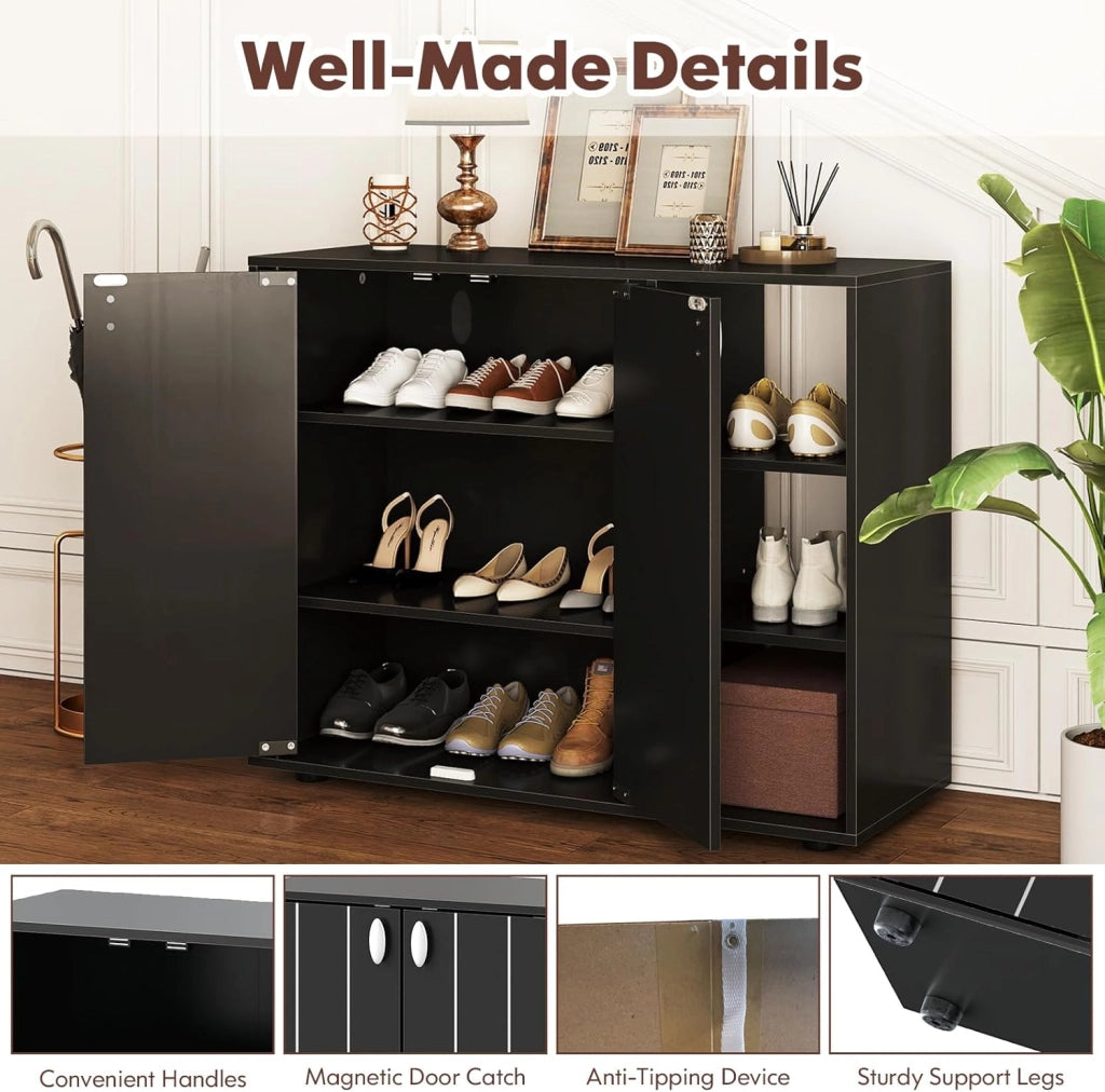 Scarpiera a 3 ripiani con 2 ante e 3 scomparti aperti con ripiani rimovibili, cassettiera per ingresso, corridoio e soggiorno, 80 x 31 x 64,5 cm (nero)