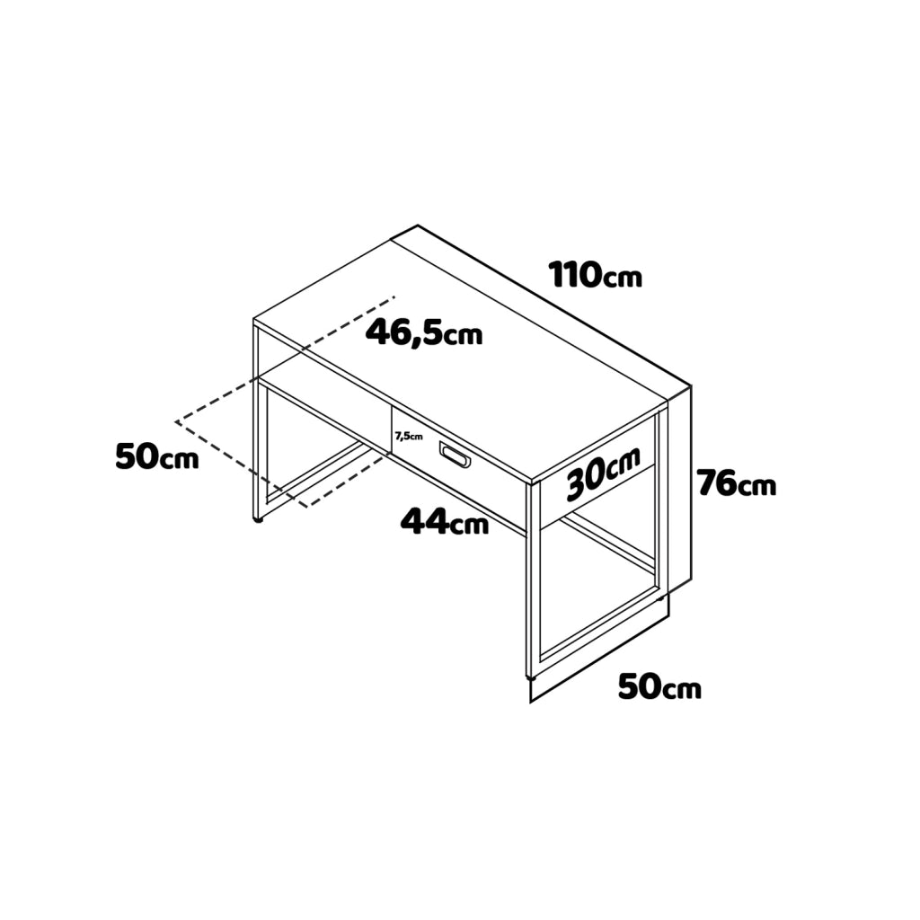 Otari - Scrivania in stile industriale con cassetto e vano a giorno, 110x50xH76 cm