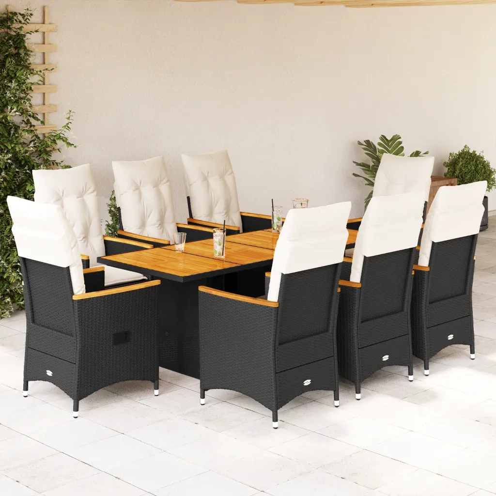 vidaXL Set da Pranzo da Giardino 9 pz con Cuscini Nero in Polyrattan