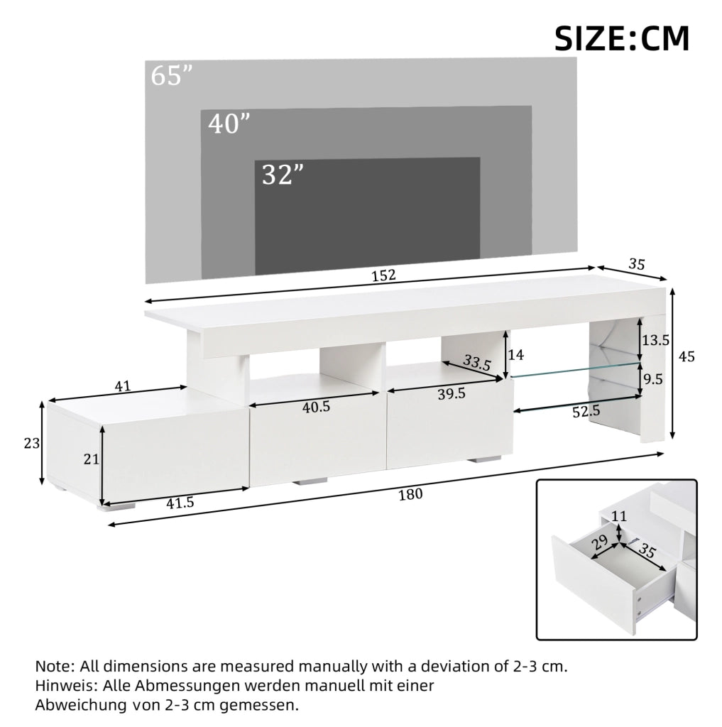 Mobile TV 180x35x45 cm con illuminazione LED; frontale lucido; 3 cassetti; in MDF e truciolare; bianco