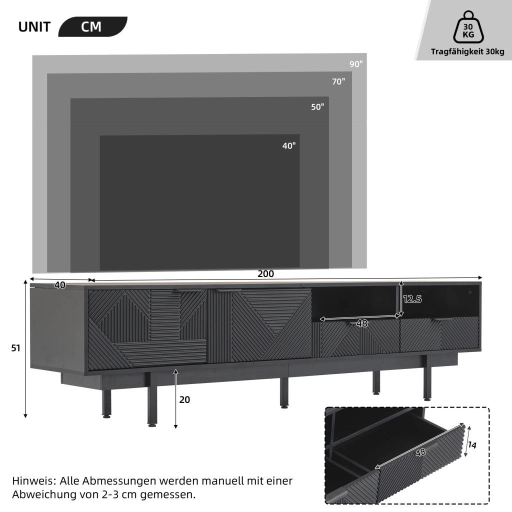 Mobile TV con 2 ante; vani aperti e passacavi - per soggiorno - 200×40×51 cm - nero