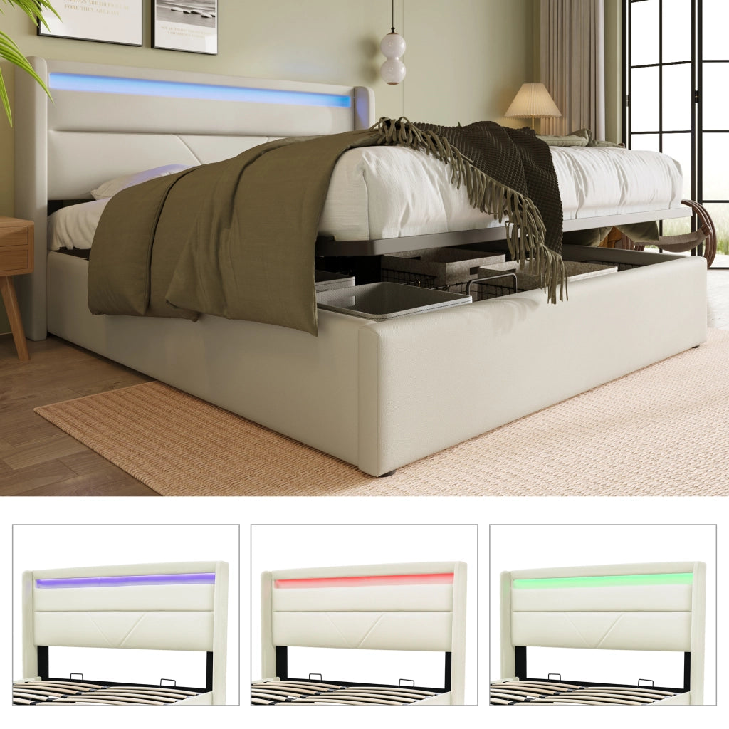 LETTO Contenitore idraulico 140x200 cm in PU bianco con LED