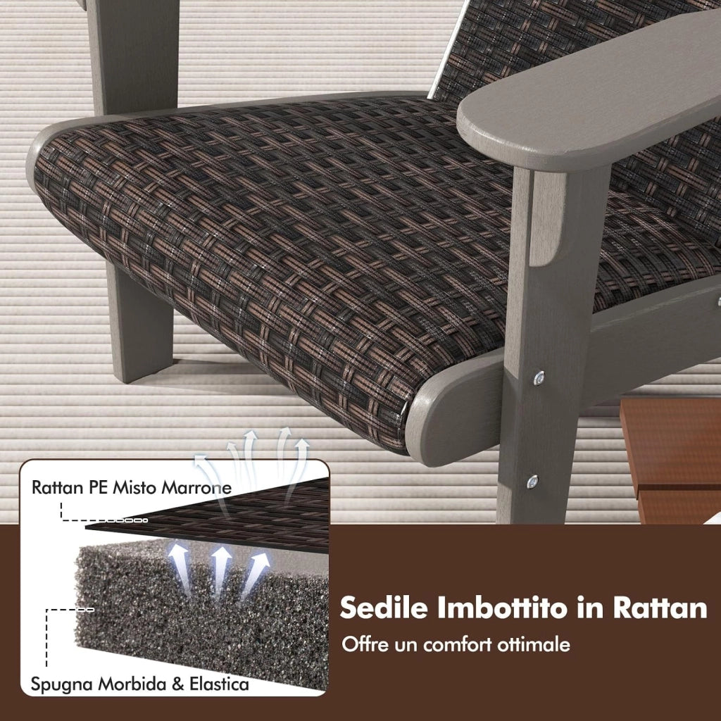 Sedia Adirondack da Giardino, Sedia da Lounge HDPE con Sedile e Schienale Imbottiti in Rattan, Porta Tazza Nascosto, Poltrona per Esterno Giardino Prato, Portata 150 kg (Grigio)