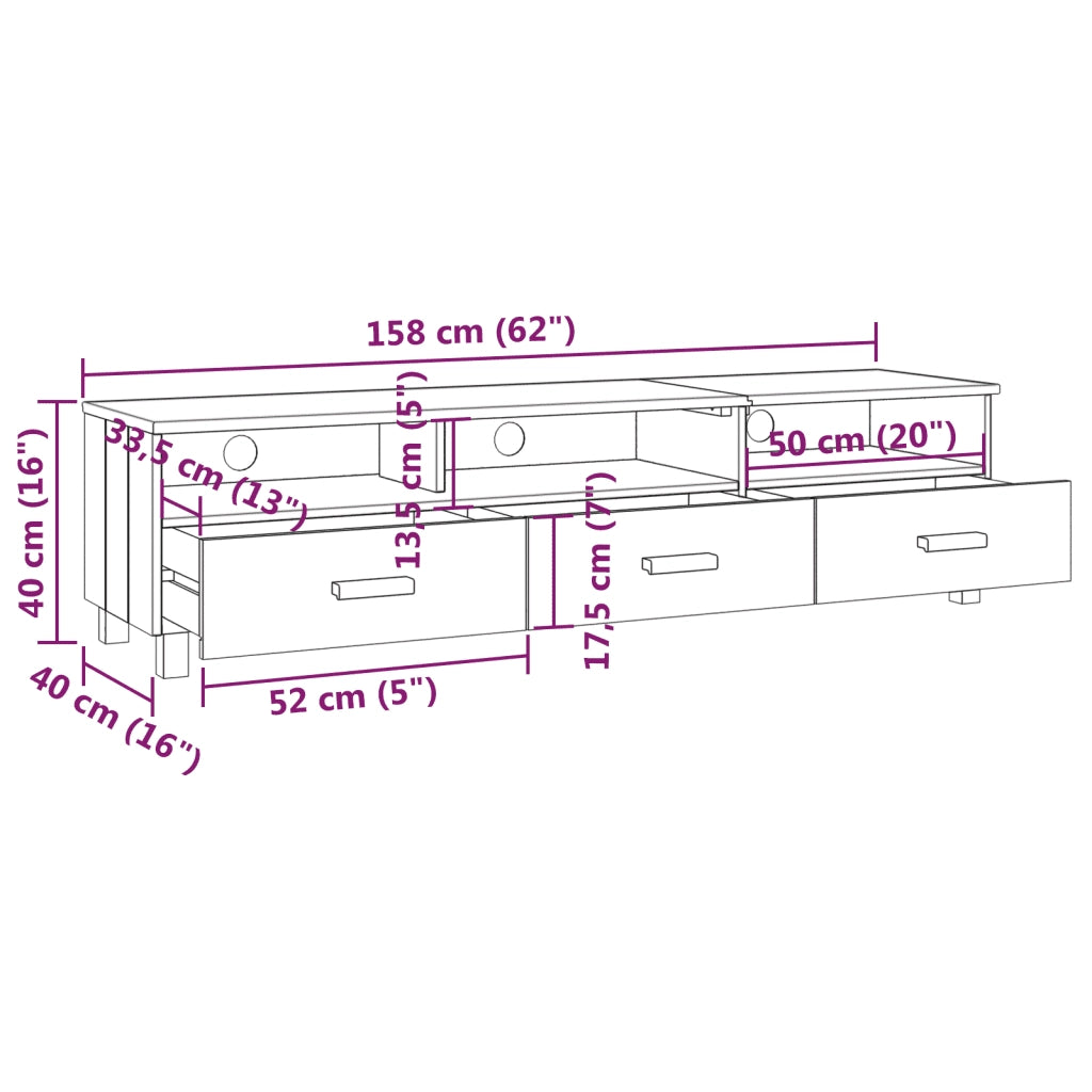 Mobile TV HAMAR Bianco 158x40x40 cm in Legno Massello di Pino 340473