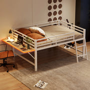 Letto a soppalco 140 × 200 cm con scrivania pieghevole, LED, sponde e scala, senza materasso, bianco