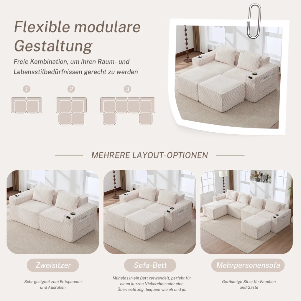 Divano modulare in velluto a coste beige con portabevande e tasche