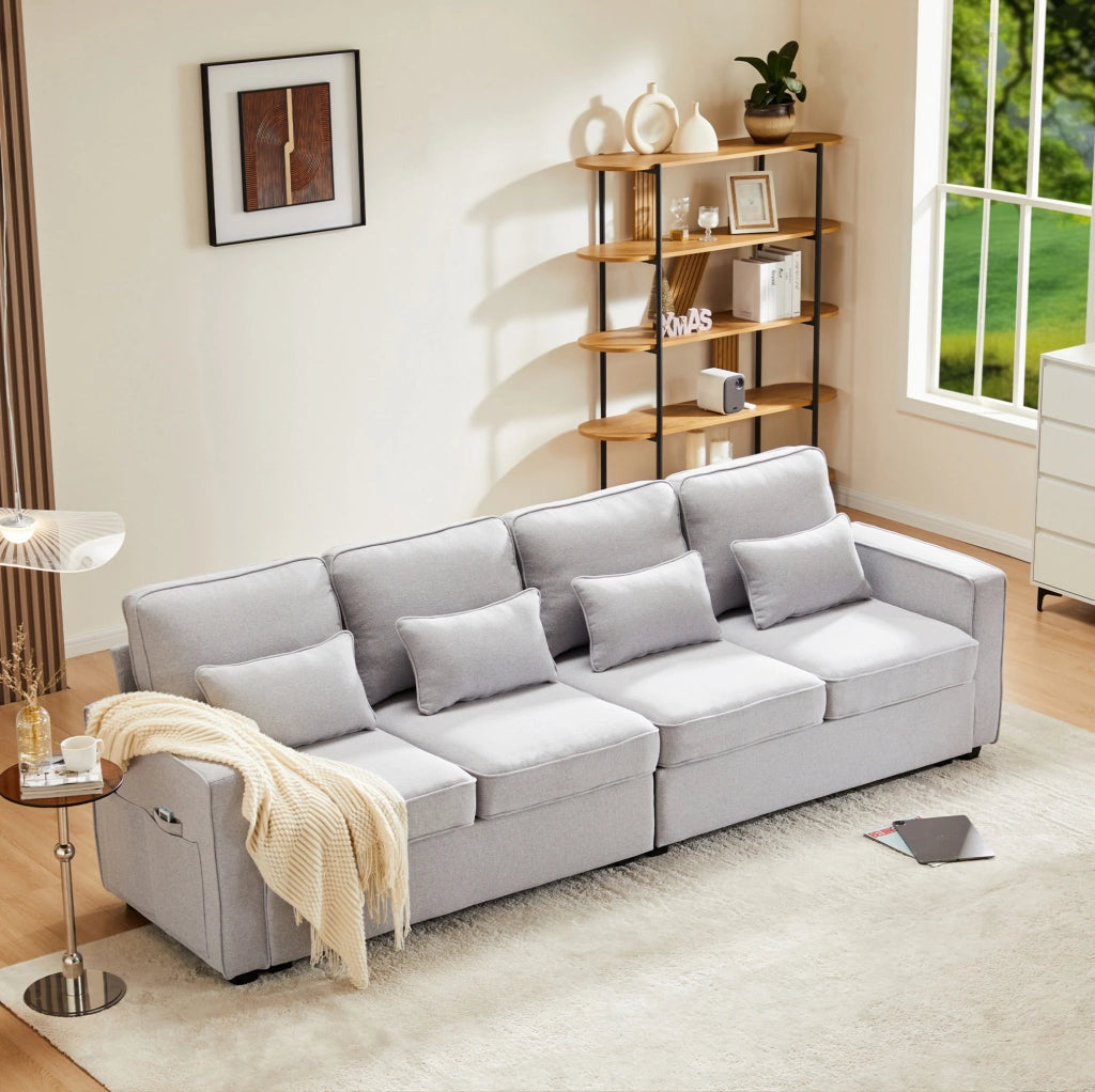 Divano 4 posti 264x83x87 cm con tasche portaoggetti e 4 cuscini in lino grigio