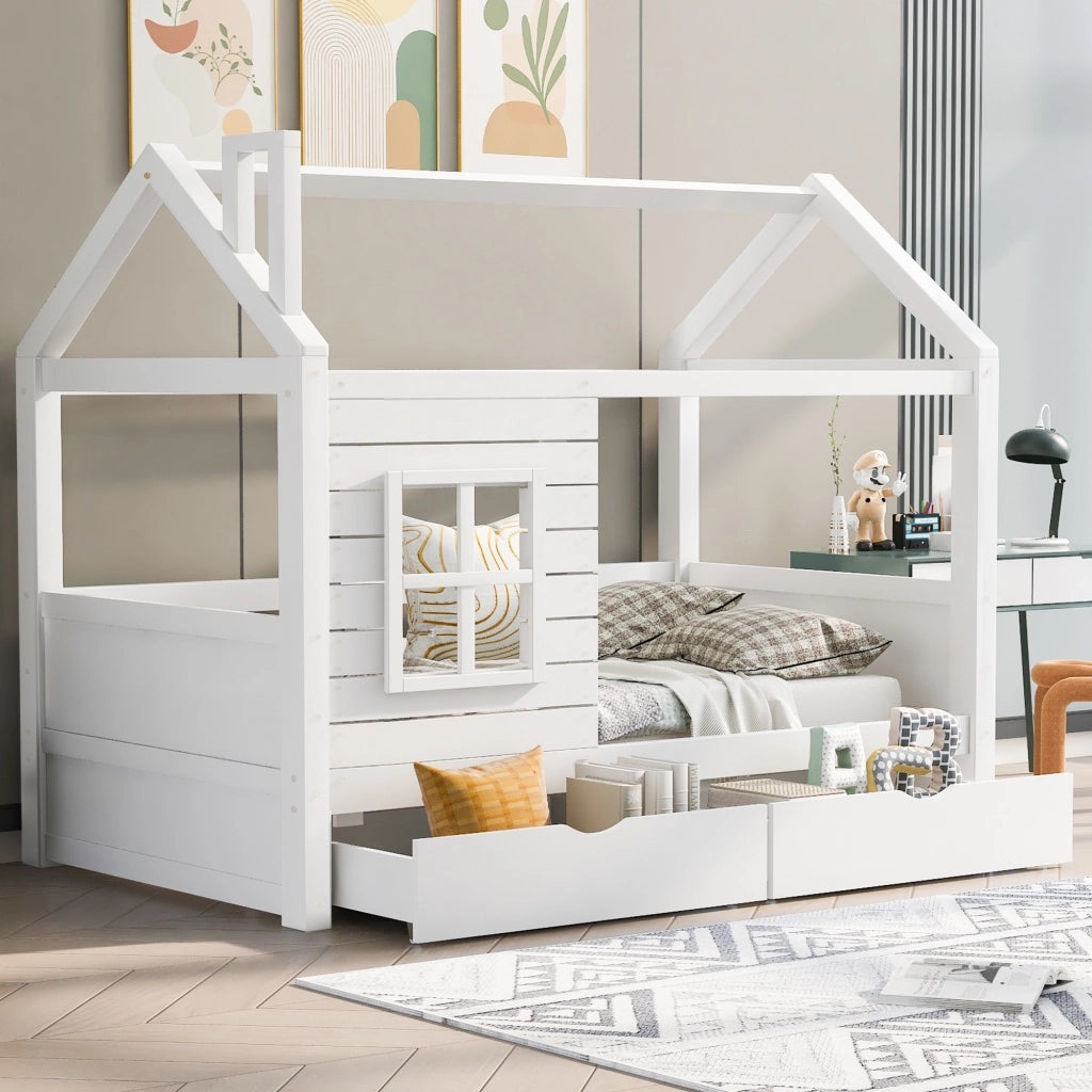 Letto per bambini a casetta 90x200 cm in legno massello di pino, bianco, con sponde, rete a doghe e 2 cassetti contenitore