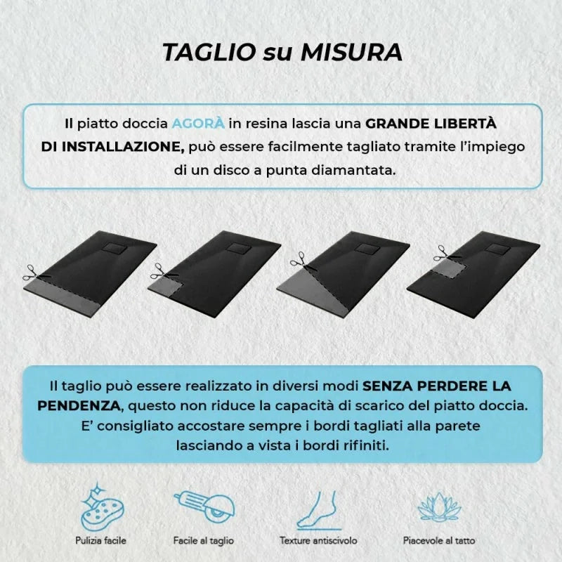 Piatto doccia 80x150 in resina nero effetto pietra riducibile Agorà