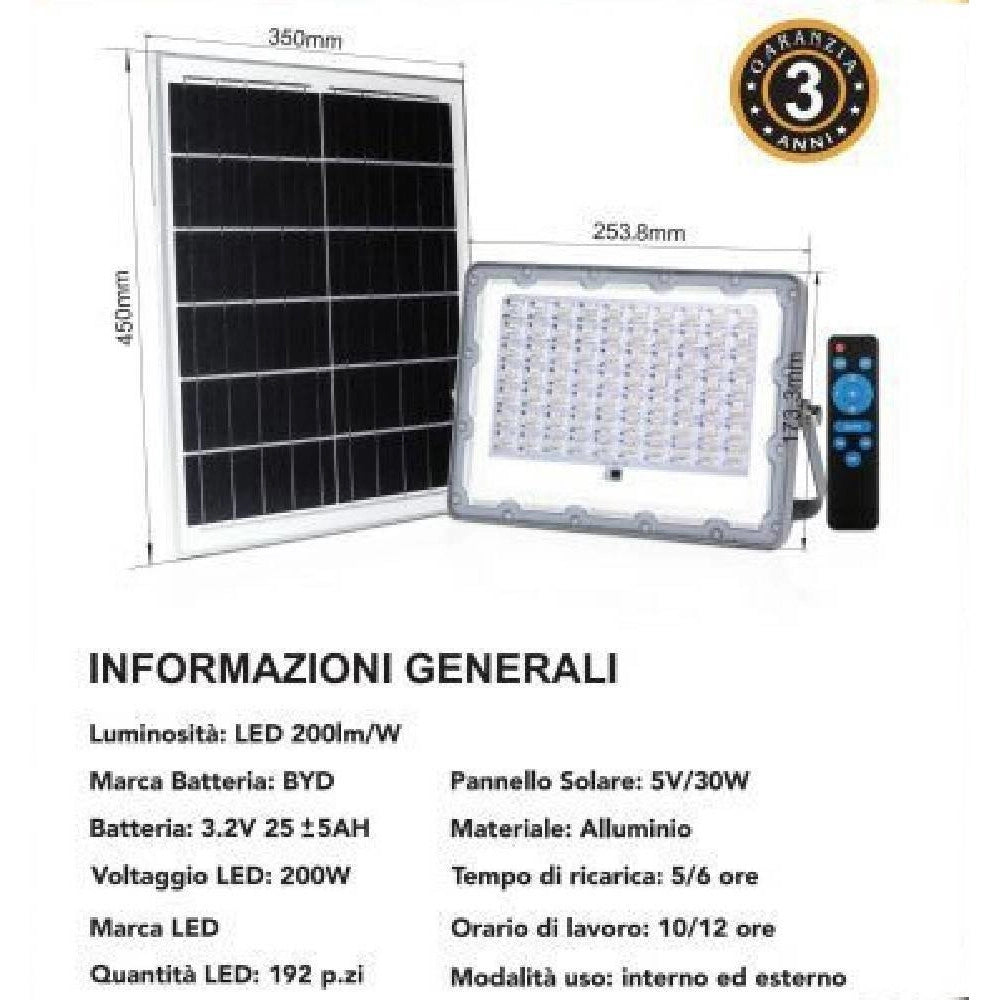 Trade Shop - Faro Led 200 Watt Crepuscolare Pannello Energia Solare Telecomando Ip65 Sl-200w -