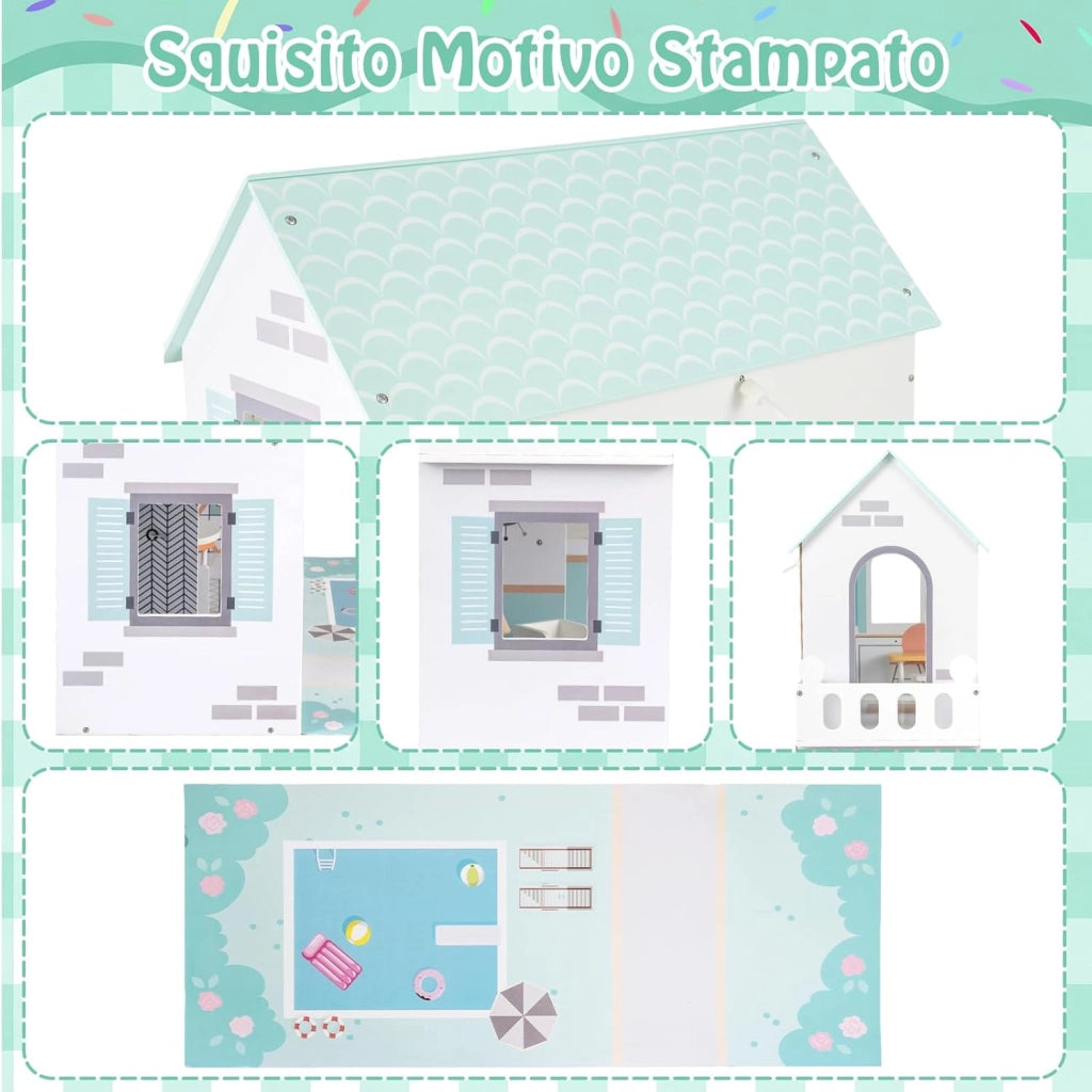 Casa delle Bambole a 3 Piani in Legno, Casa Barbie con Scale e 17 Pezzi di Mobili Completi, Villa da Principessa Fai-da-Te Giocattolo per Bambini 3+ Anni, 74,5 x 63 x 120,5 cm (Verde)
