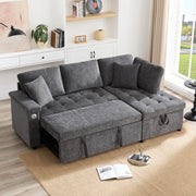 Divano angolare a destra in chenille con letto estraibile; contenitore; USB e portabicchieri; grigio scuro