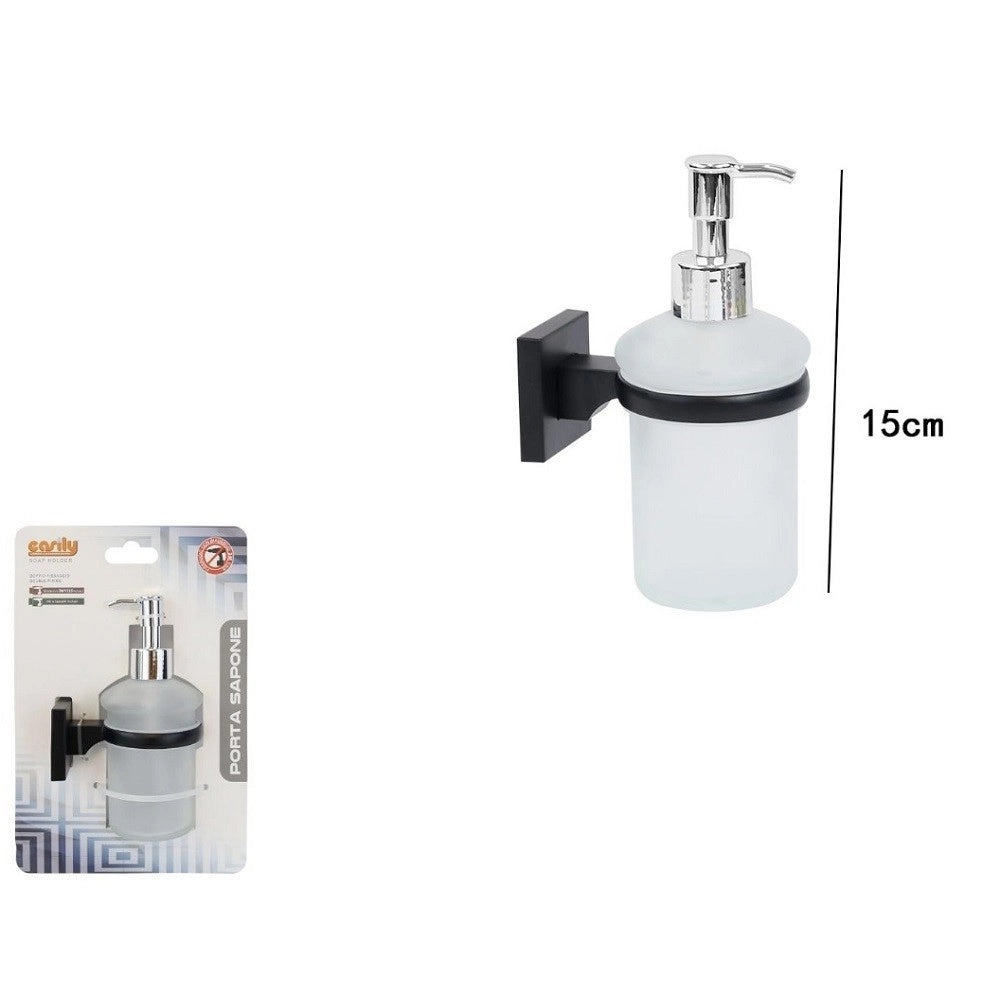 Trade Shop - Dispenser Dosatore Erogatore Sapone Da Muro Parete Nero In Acciaio Vetro Bagno -