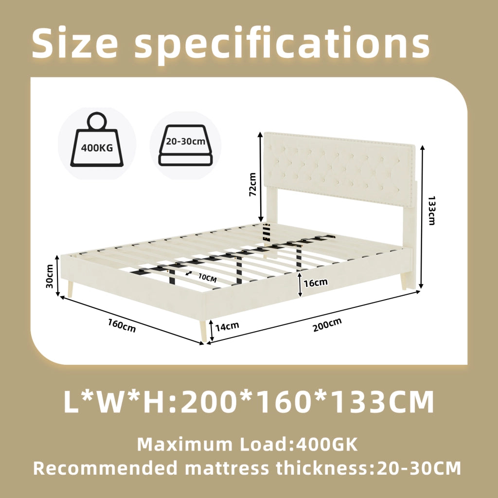 Letto imbottito moderno con testiera morbida, 160x200 cm, beige