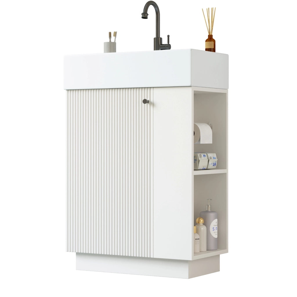 Mobile lavabo da bagno 55 cm freestanding con lavandino in ceramica, porta soft-close e porta carta igienica rimovibile, bianco