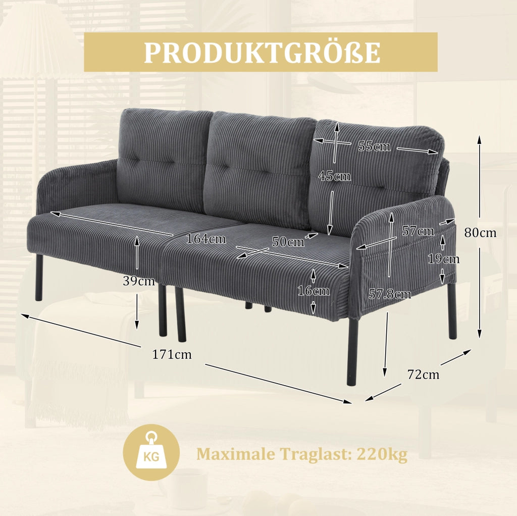 Divano tre posti in velluto a coste grigio con schienale ergonomico e tasca laterale pratica